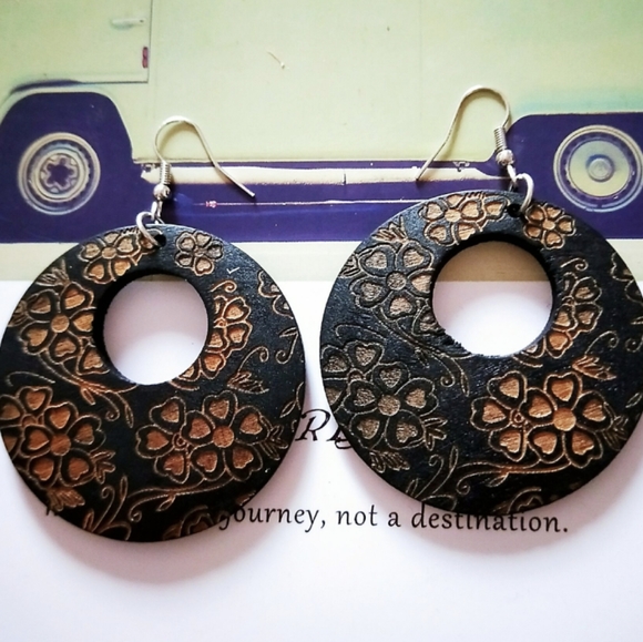 Boho Festival Carved Wood Round Dangle Earrings - Picture 5 of 9